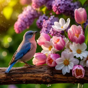 Bluebird Perched on Branch with Dewy Spring Flowers