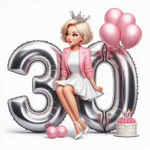 30th Birthday Celebration with Woman Sitting on Number Balloons