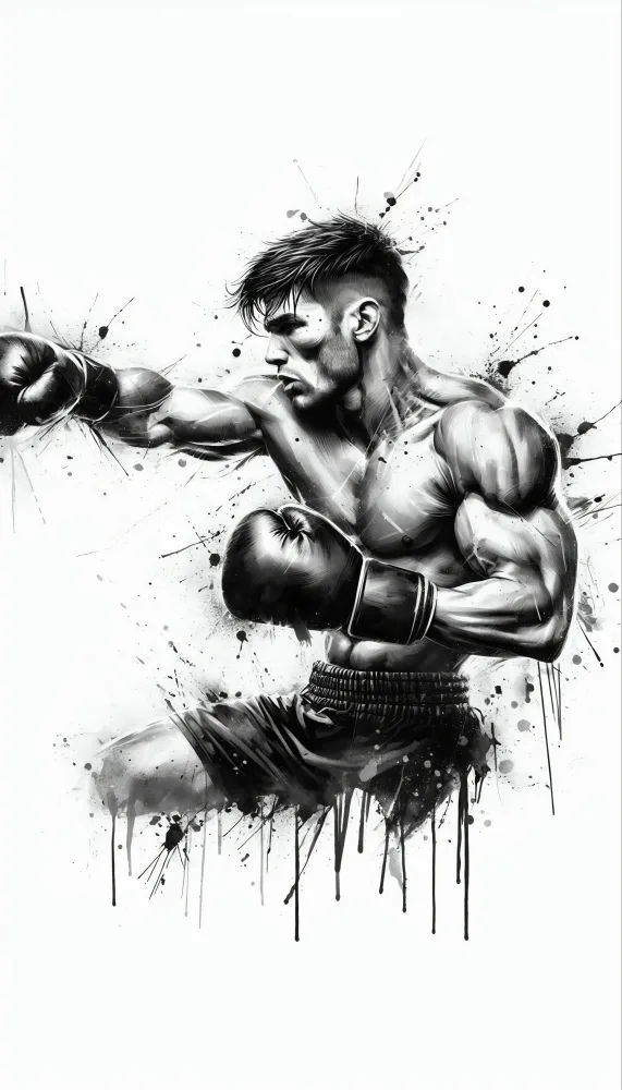 Black and White Artistic Illustration of Boxer Throwing Punch