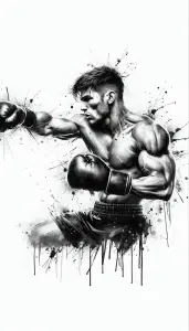 Black and White Artistic Illustration of Boxer Throwing Punch