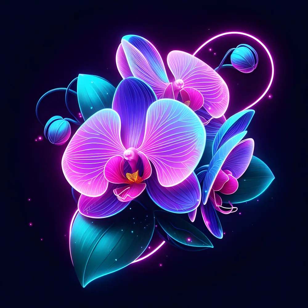 Glowing Neon Orchid Flowers with Vibrant Blue and Pink Hues