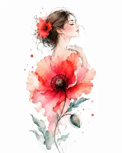Watercolor Portrait of Woman Blending with Red Poppy Flowers