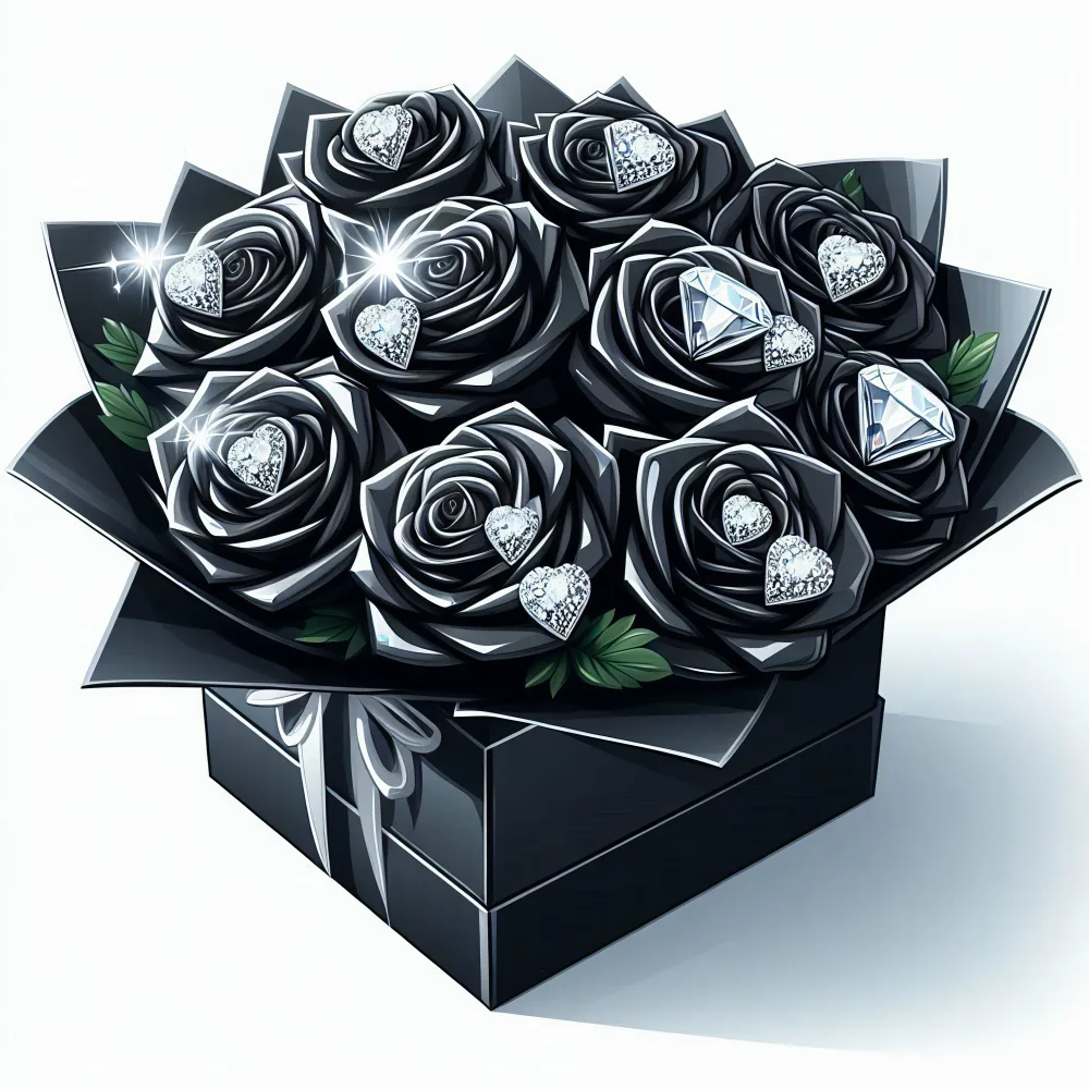 Elegant Black Rose Bouquet with Diamond and Heart Embellishments