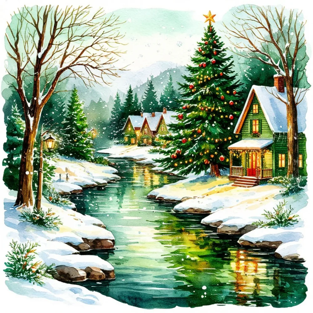 Winter Christmas Village with Snowy River and Decorated Tree