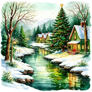 Winter Christmas Village with Snowy River and Decorated Tree