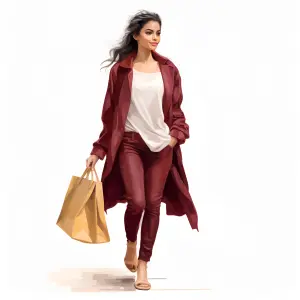 Stylish Woman Walking with Shopping Bags in Burgundy Outfit