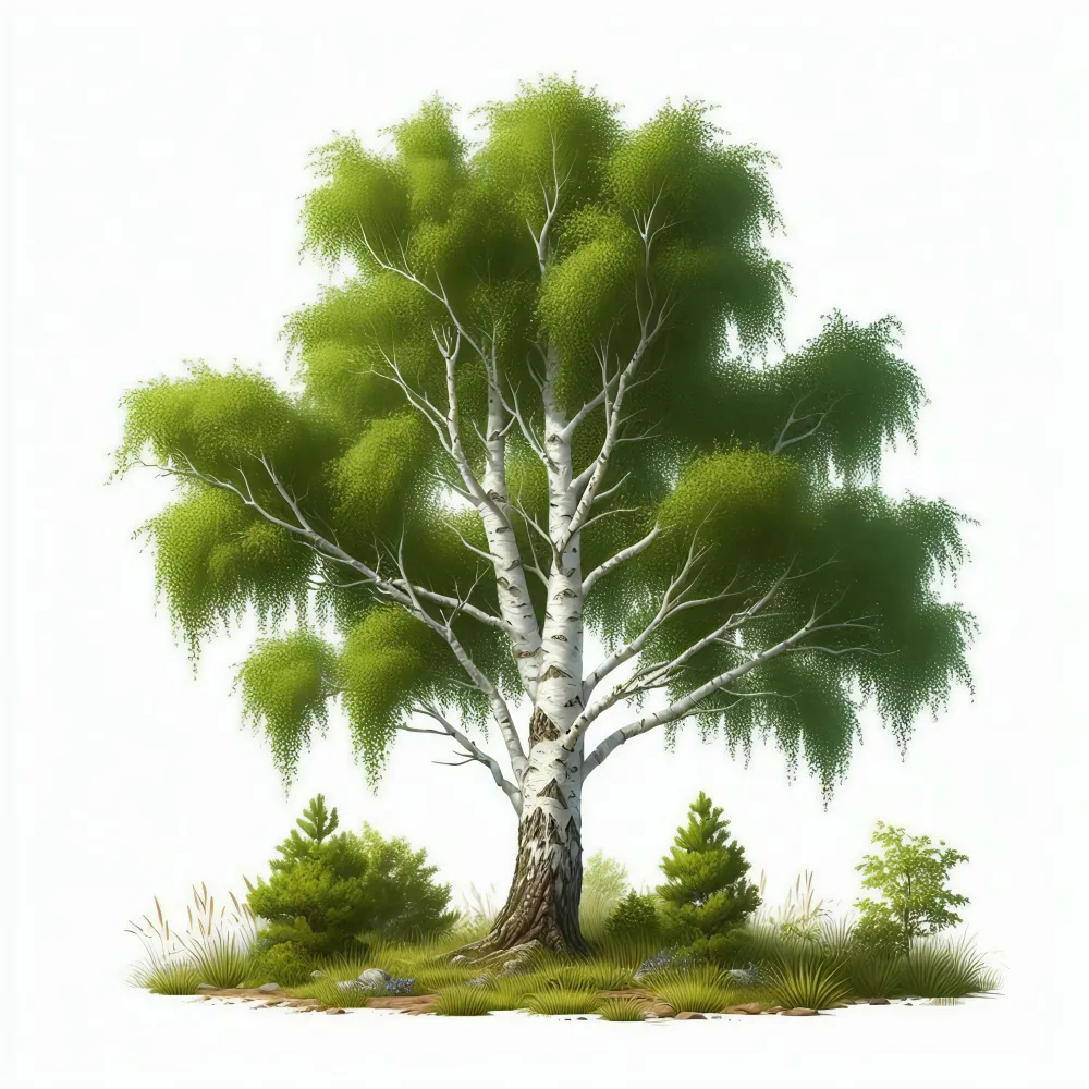Birch Tree with Lush Green Foliage and Surrounding Small Conifers on White Background