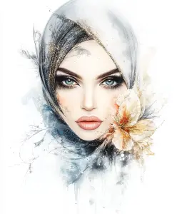 Artistic Portrait of Woman Wearing Elegant Hijab with Floral Accents