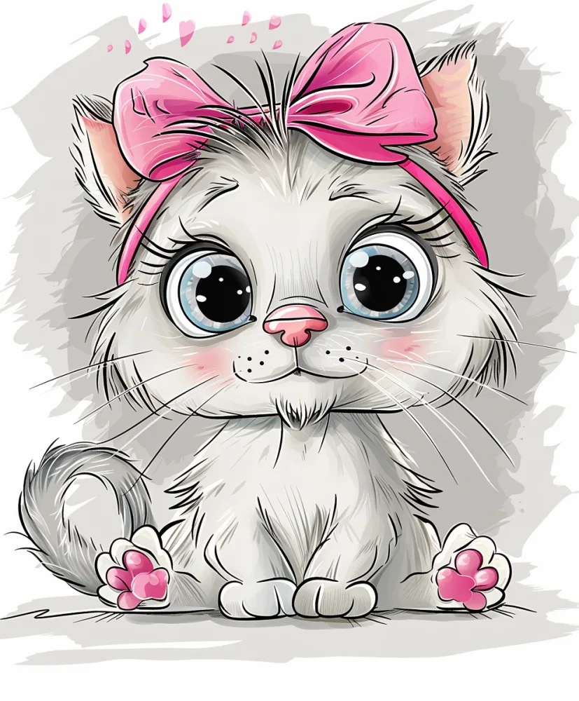 Cartoon Kitten with Pink Bow and Big Blue Eyes