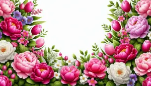 Colorful Spring Flowers Border with Peonies and Tulips