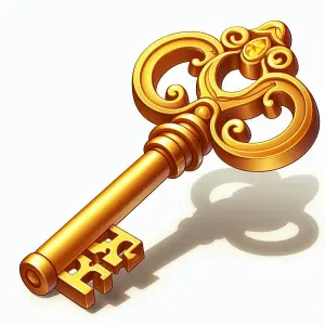 Golden ornamental vintage key with intricate design and shadow