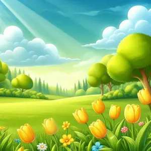 Sunny Spring Landscape with Yellow Tulips and Trees