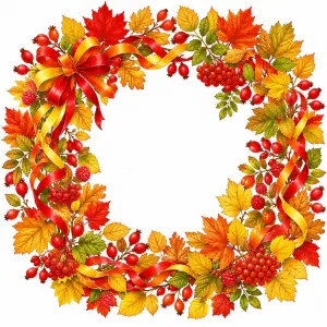 Autumn Wreath with Colorful Leaves, Berries, and Red-Yellow Ribbon