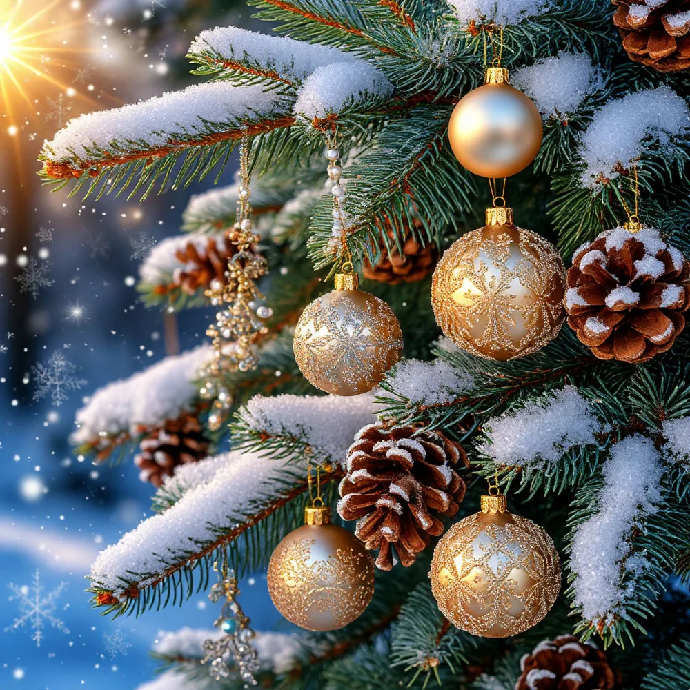 Snow-Covered Pine Tree Branch with Gold Christmas Ornaments and Pine Cones