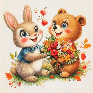 Cartoon Bunny Giving Flowers to Bear