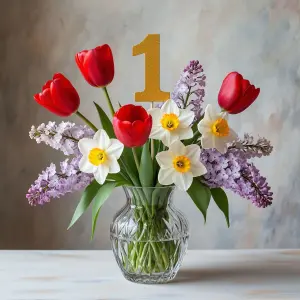 Spring Flower Bouquet with Number One Decoration in Glass Vase