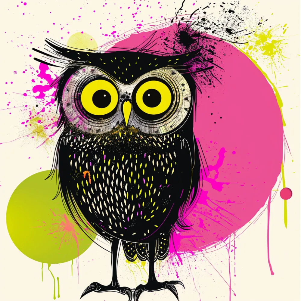 Colorful Abstract Owl Illustration with Paint Splatter