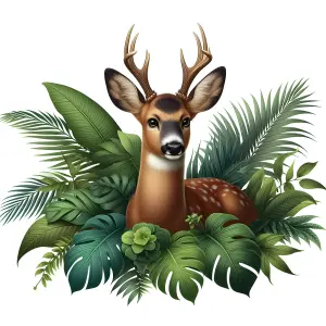 Young Deer with Antlers Among Tropical Leaves
