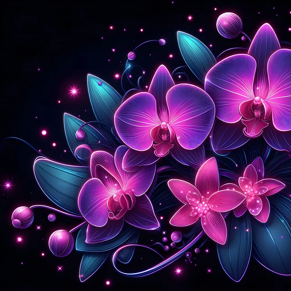 Glowing Neon Purple and Pink Orchids with Blue Leaves