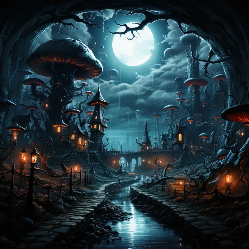 Fantasy Village with Giant Mushrooms under Full Moon