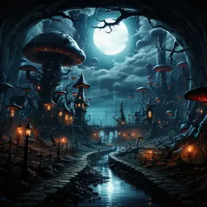 Fantasy Village with Giant Mushrooms under Full Moon
