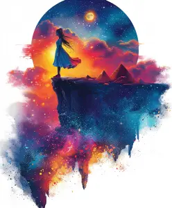 Surreal Artwork of Woman on Cliff Overlooking Pyramids at Sunset