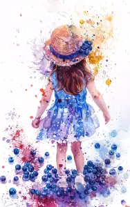 Watercolor Artwork of a Girl in a Blue Dress and Straw Hat with Blueberries