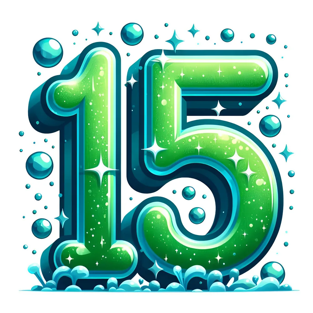 Green and Blue Shiny Number 15 with Water Droplets