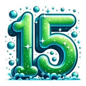 Green and Blue Shiny Number 15 with Water Droplets