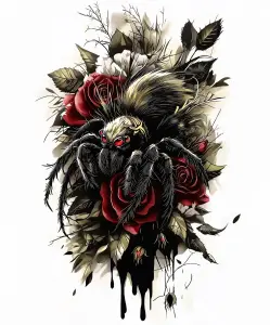 Illustration of Realistic Tarantula Among Red Roses and Leaves