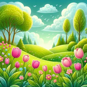 Bright Spring Landscape with Pink Tulips and Rolling Hills