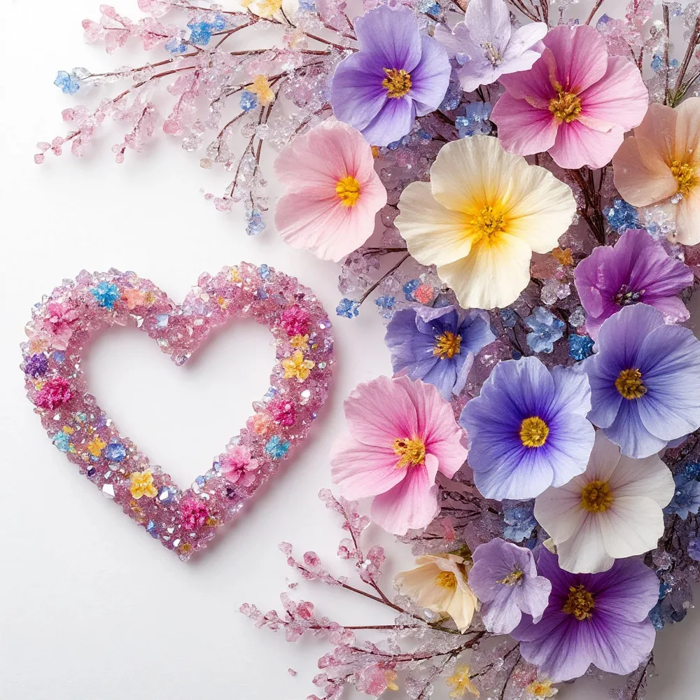 Colorful Floral Heart and Spring Flowers on White Background