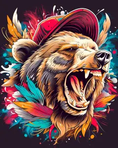 Colorful Digital Art of Roaring Bear Wearing Red Cap