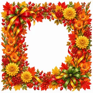Autumn Floral Border with Fall Leaves and Ribbons