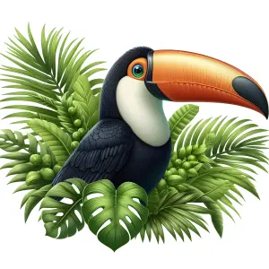 Toucan with Large Orange Beak among Tropical Green Leaves