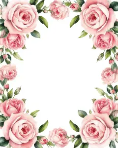 Pink Rose Floral Frame Border with Green Leaves
