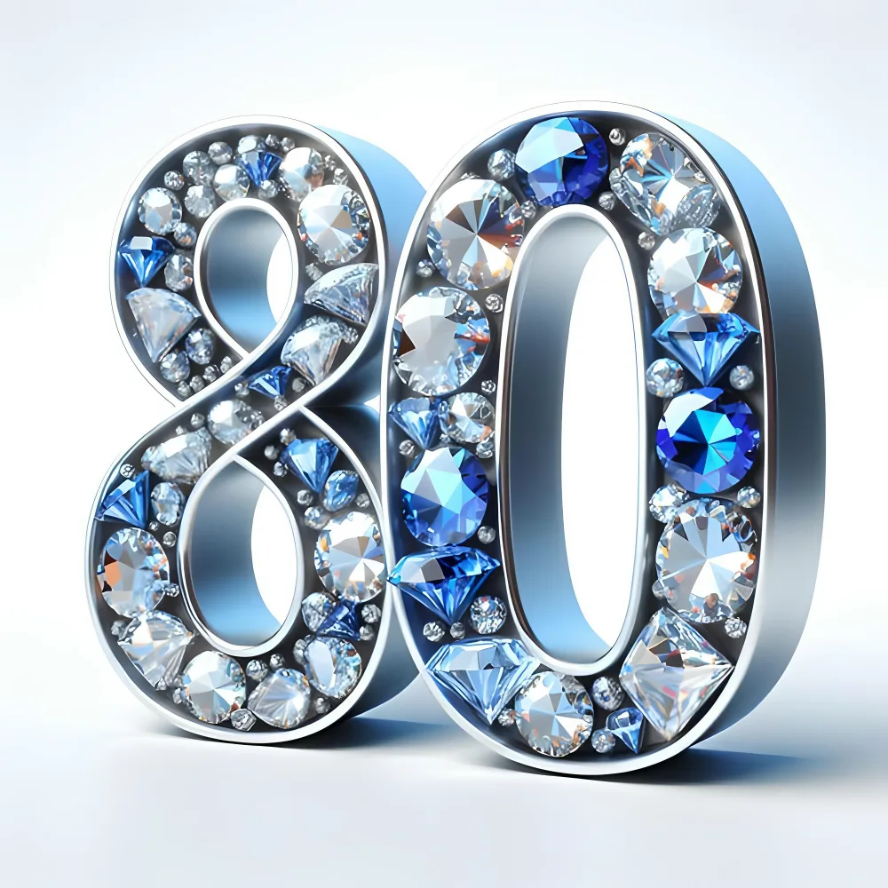 Number 80 Decorated with Blue and Clear Gemstones