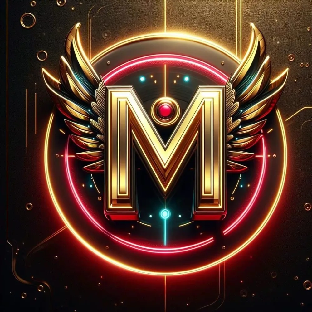 Golden Letter M with Wings and Neon Circle