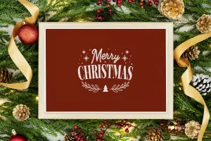 Merry Christmas Sign with Festive Evergreen and Decorations