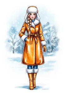 Fashion Illustration of Woman in Orange Winter Coat and Hat