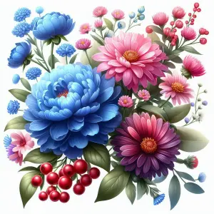 Vibrant Bouquet of Blue and Pink Flowers with Red Berries