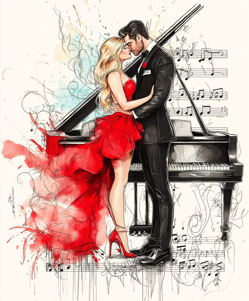 Romantic Couple Embracing by Grand Piano with Musical Notes