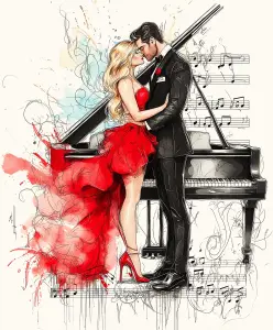 Romantic Couple Embracing by Grand Piano with Musical Notes