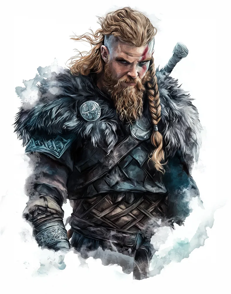 Illustration of a Fierce Viking Warrior with Braided Hair and Fur Armor
