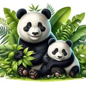 Mother and Baby Panda Surrounded by Green Leaves