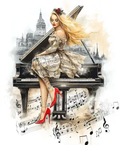 Artistic Illustration of Woman in Musical Note Dress by Grand Piano