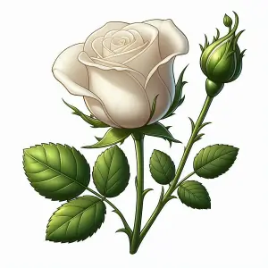 Illustration of White Rose with Bud and Green Leaves