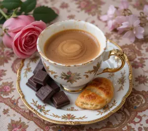 Elegant Tea Cup with Coffee, Chocolate Squares, and Pastry on Floral Plate