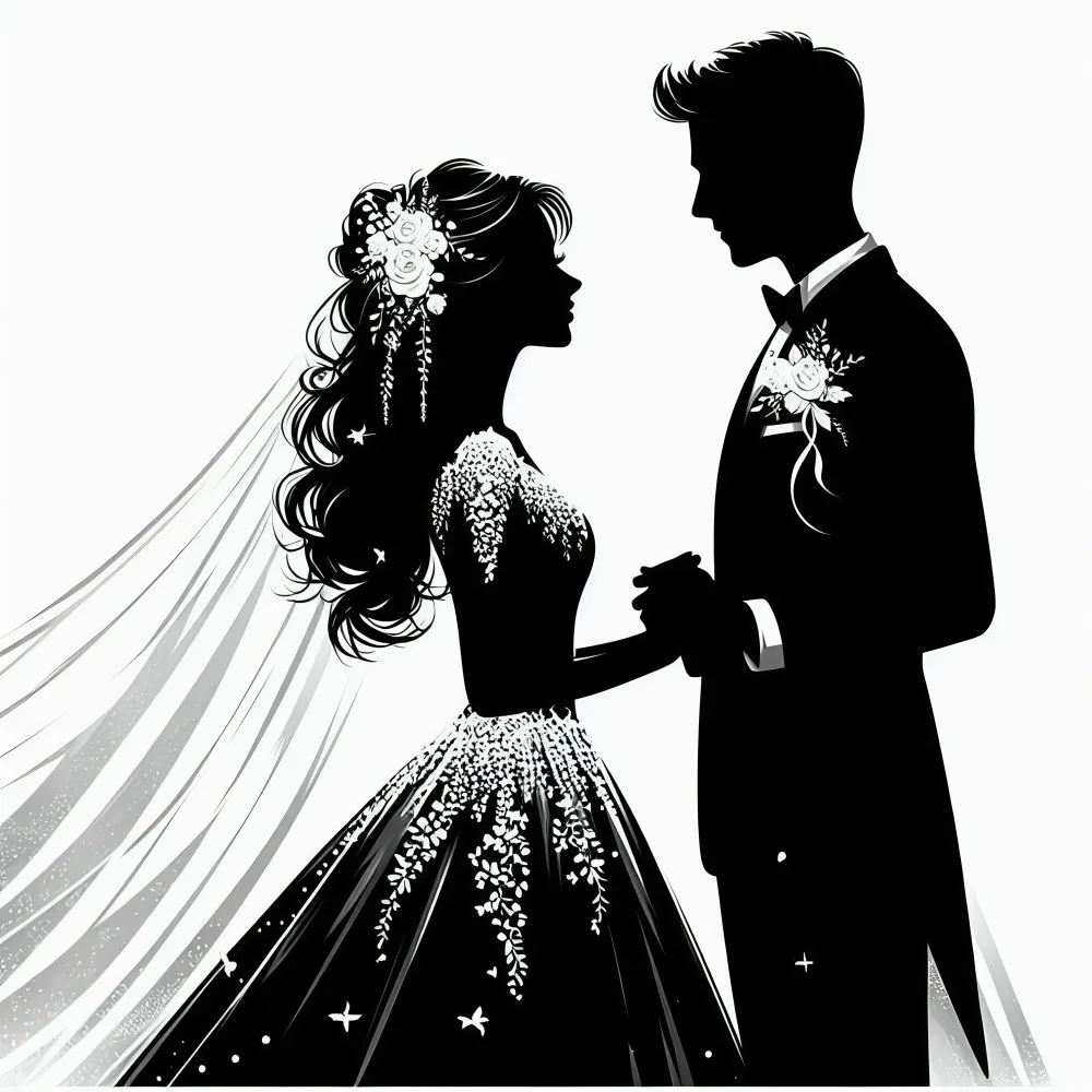 Silhouette of Bride and Groom Holding Hands in Wedding Attire