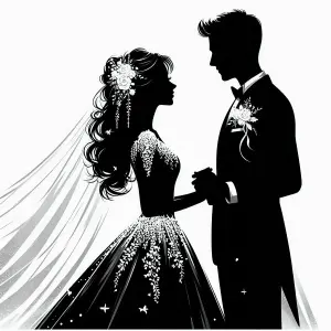 Silhouette of Bride and Groom Holding Hands in Wedding Attire